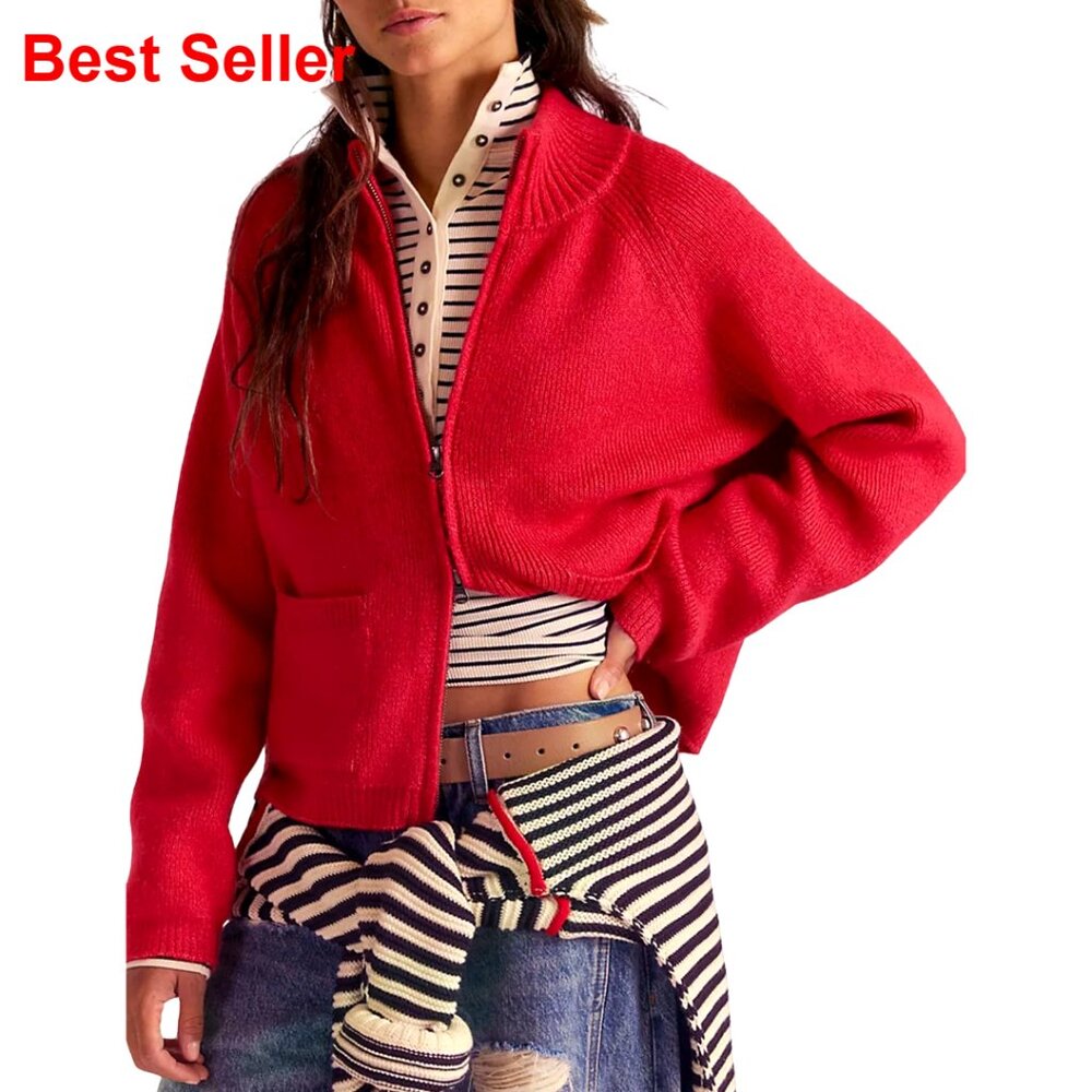 Chunky Knit Cropped Cardigan With Pockets, Zip Front, Mock Neck